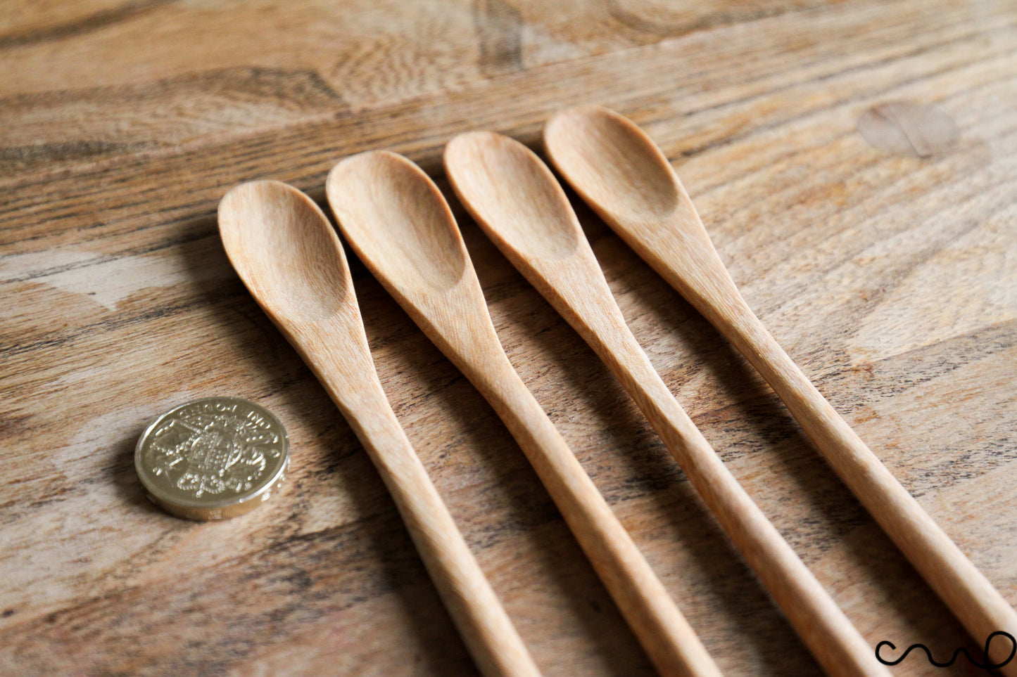 Set of 4 Handmade Wooden Spoons Long Oval Teaspoon 21cm Serving Utensil Coffee Gift