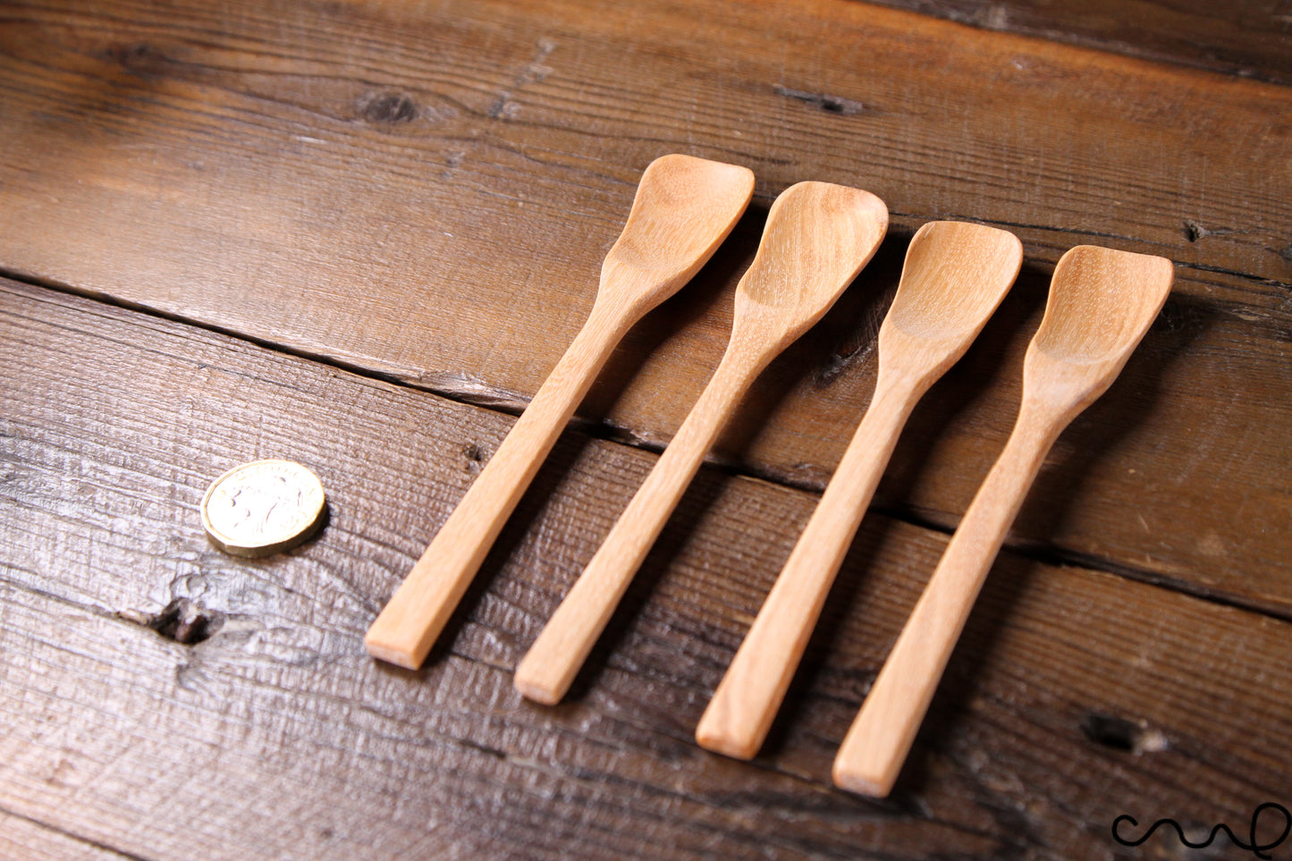 Set of 4 Handmade Wooden Teaspoons: Rustic Petal Head Salt Sugar Scoop
