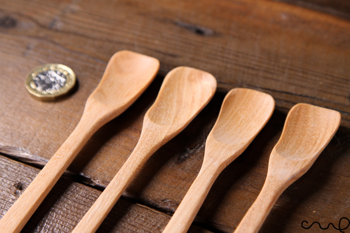 Set of 4 Handmade Wooden Teaspoons: Rustic Petal Head Salt Sugar Scoop